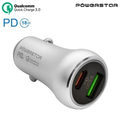 "PowerStar" ® "Jupiter" PD 18W + QC 3.0A / 23,5W - 30W Chargeur de voiture Argent